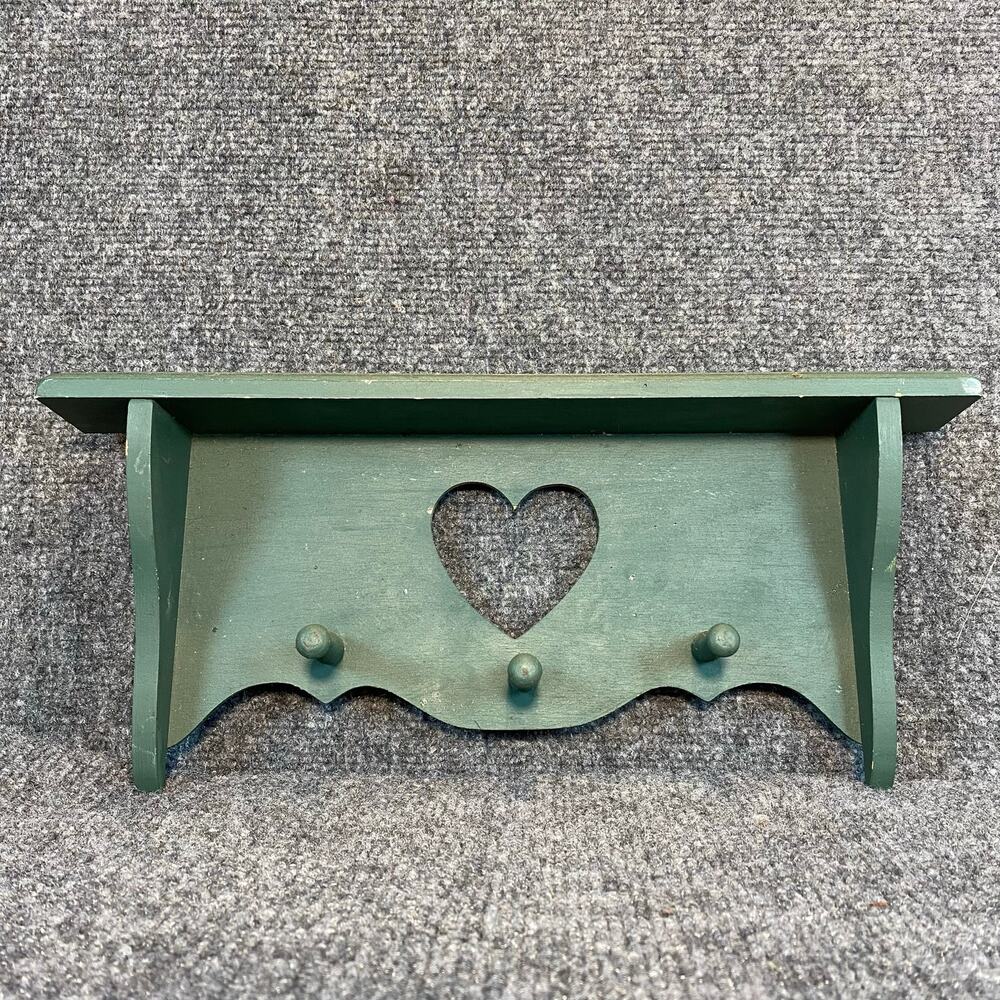 Vintage Wood Small Heart Shelf 15"x6" Three Hooks Green Painted